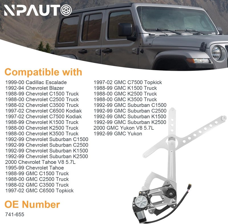 NPAUTO Front Driver Side Power Window Regulator with Motor for Chevy GMC Suburban C1500 C2500 K1500 K2500, Tahoe Blazer Yukon, C3500 K3500 1992 1993 1994 1995 1996 1997 1998 1999 2000 2001 2002, Left - Image 3